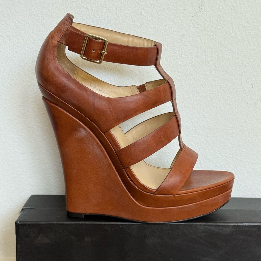 NEW!m IN BOX!! Rachel Zoe Kelsey Vachetta Leather Camel Platform Wedges Size 9.5